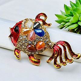 Kırmızı Renk Mineli Zirkon Taşlı Altın Renk Doğal Taşlı Tasarım Balık Broş