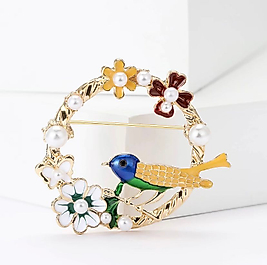 İncili Mineli Altın Renk Çiçek Kuş Broş