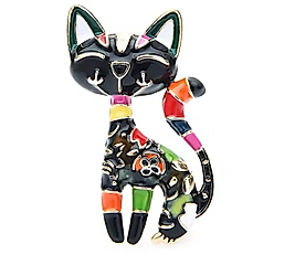 Altın Renk Renkli Mineli Şık Kedi Broş