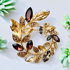 Kristal Taşlı Dal Detaylı Altın Renk Zirkon Taşlı Tasarım Broş