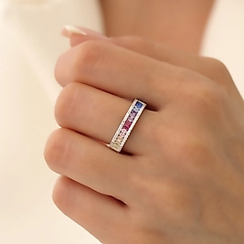 925 Ayar Gümüş Renkli Taşlı Rainbow Model Renkli Zirkon Taşlı Rodyumlu Yüzük