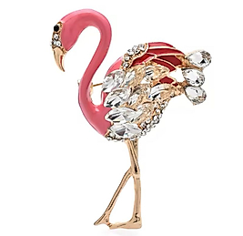 Pembe Renk Mineli Zirkon Taşlı Altın Renk Tasarım Flamingo Broş