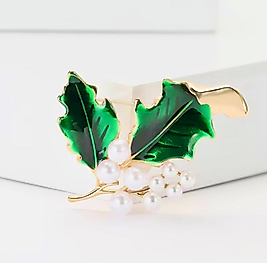 İncili Altın Renk Yeşil Mineli Yaprak Broş