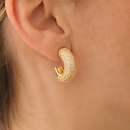 Çelik Zirkon Taşlı Altın Renk Çivi Kilitli Şık Halka Küpe