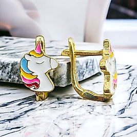 925 Ayar Gümüş Altın Renk Unicorn Renkli Mineli Şirin Çocuk Küpesi