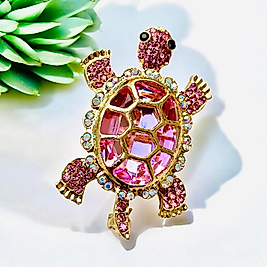 Pembe Zirkon Taşlı Altın Renk Tasarım Kaplumbağa Broş