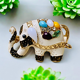 Doğaltaşlı Renkli Mineli Altın Renk Tasarım Fil Broş