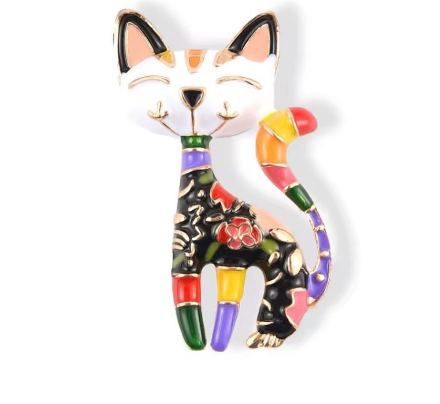 Renkli Mineli Altın Renk Sevimli Kedi Broş Yaka İğnesi