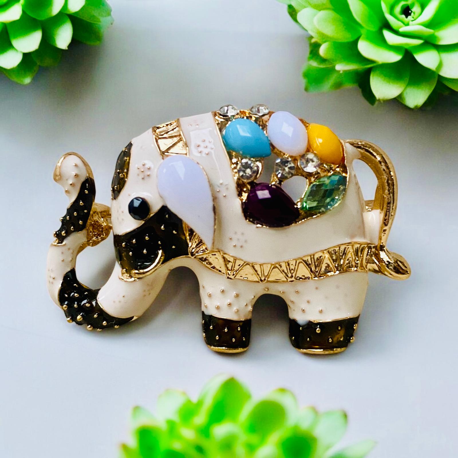 Doğaltaşlı Renkli Mineli Altın Renk Tasarım Fil Broş