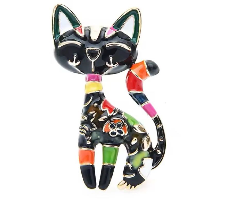 Altın Renk Renkli Mineli Şık Kedi Broş