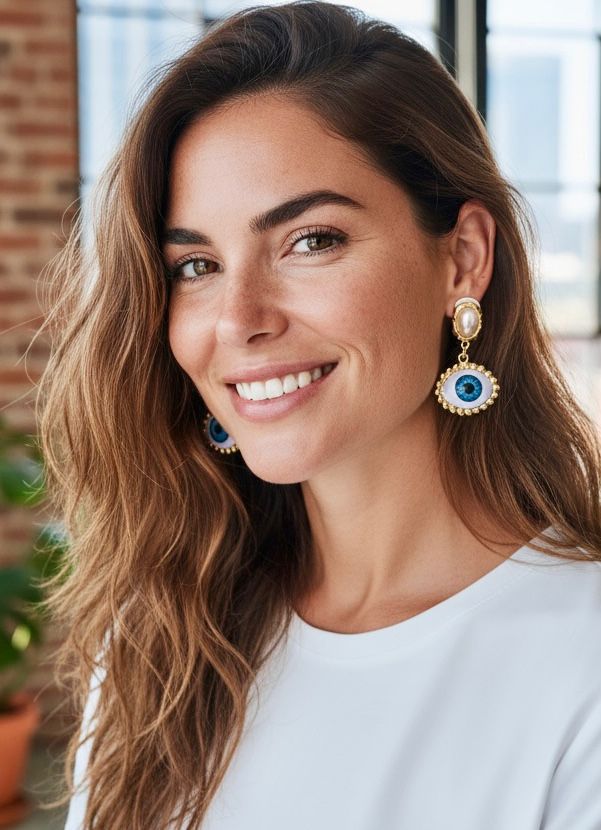 İnci Taşlı Altın Renk Sallantılı Tasarım Nazar Göz Küpe