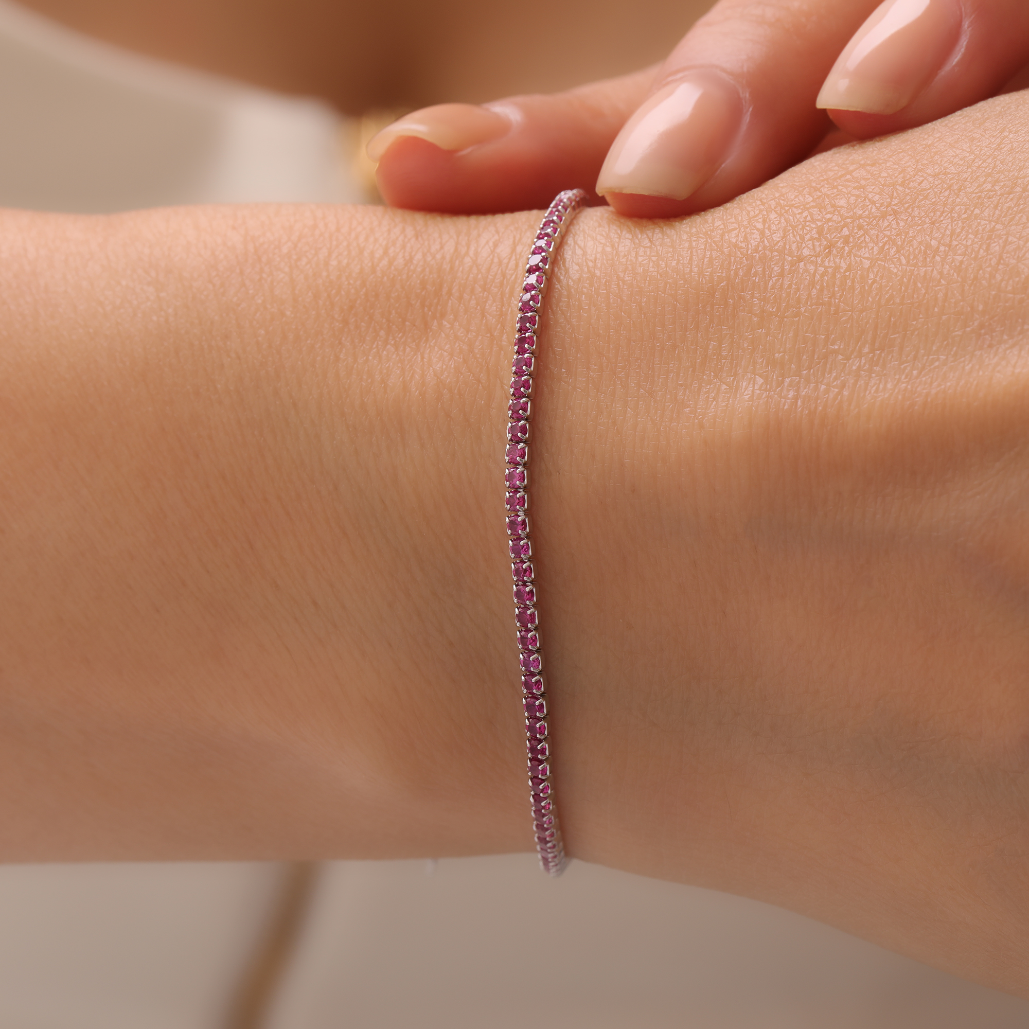 925 Ayar Gümüş Fuşya Zirkon Taşlı Şık Ayarlanabilir Suyolu Bileklik
