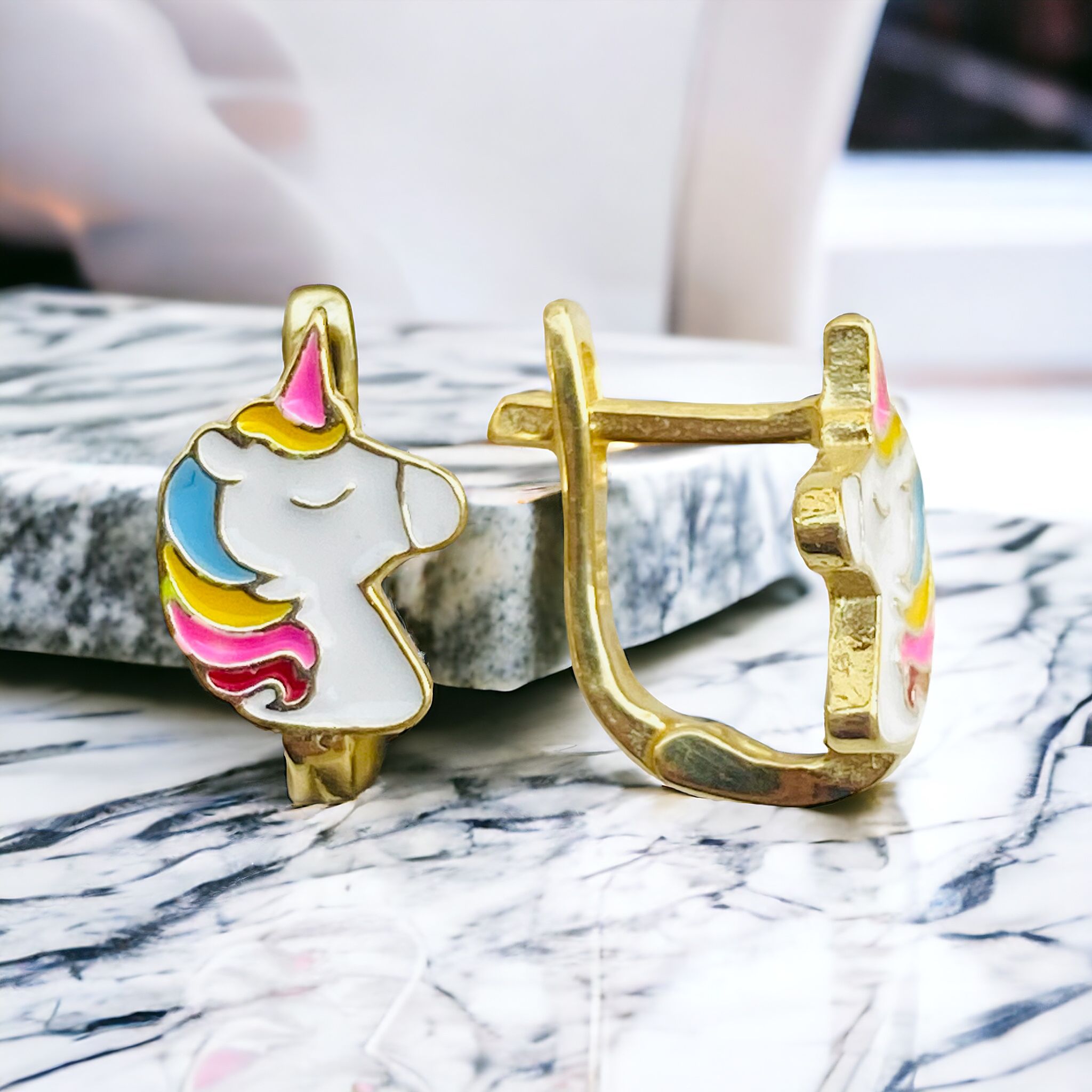 925 Ayar Gümüş Altın Renk Unicorn Renkli Mineli Şirin Çocuk Küpesi