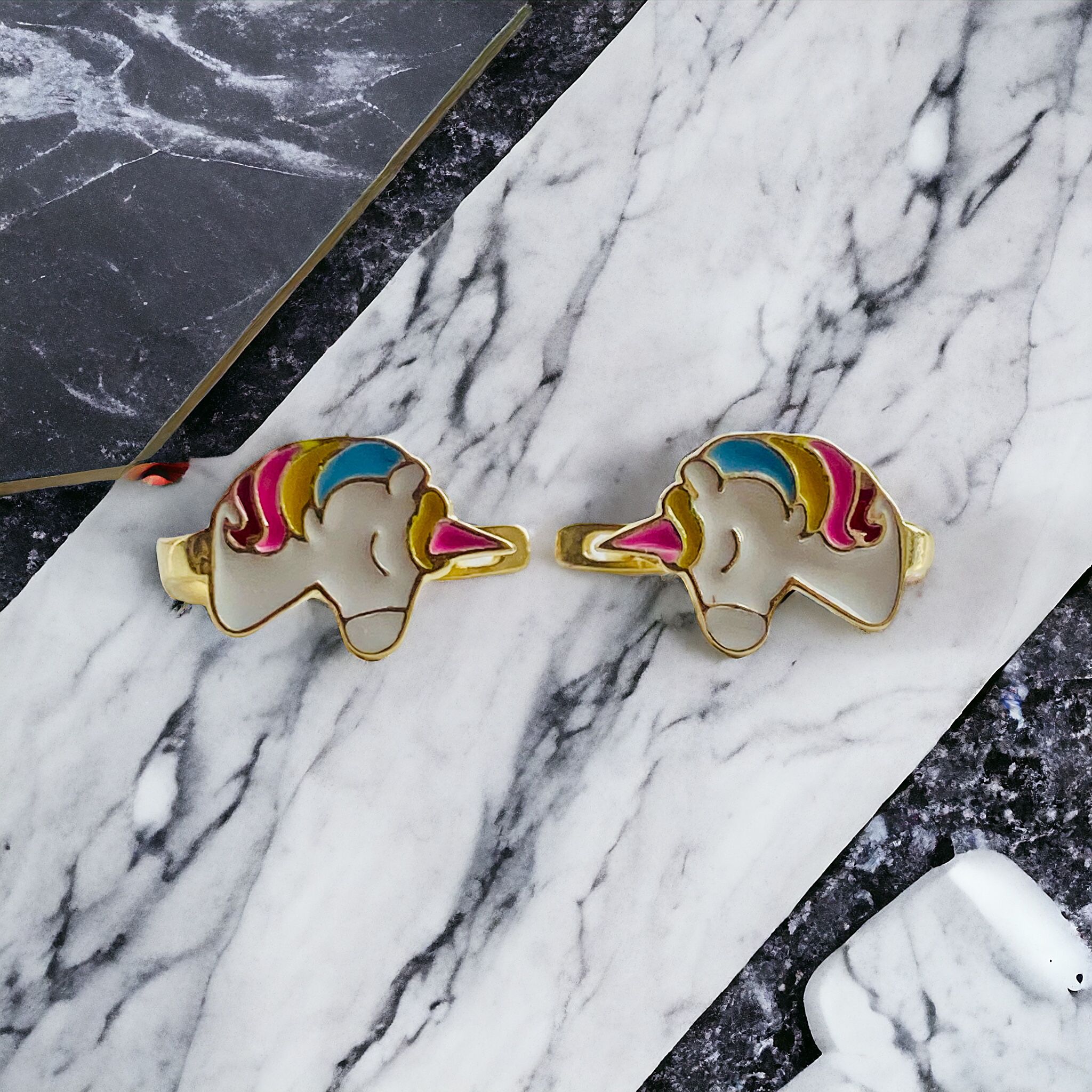 925 Ayar Gümüş Altın Renk Unicorn Renkli Mineli Şirin Çocuk Küpesi