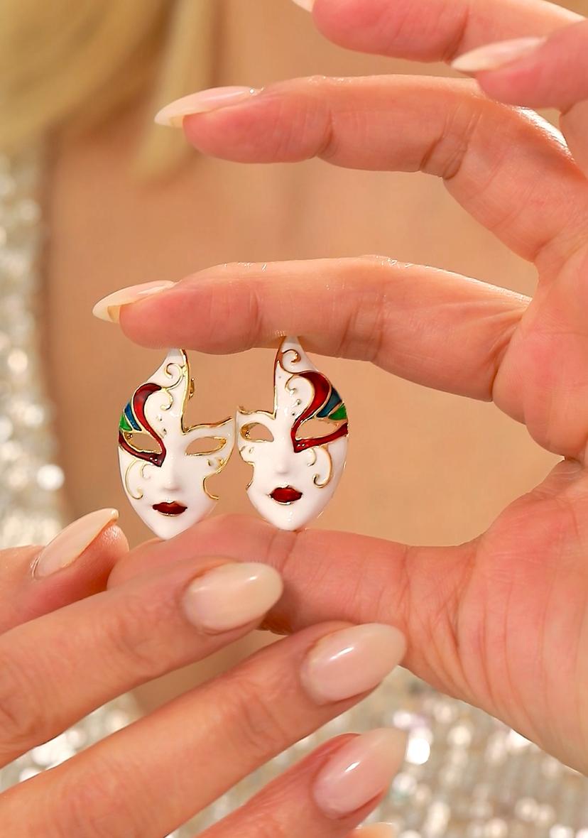 Renkli Mineli Altın Renk Çivi Kilitli Tiyatro Maskesi Küpe