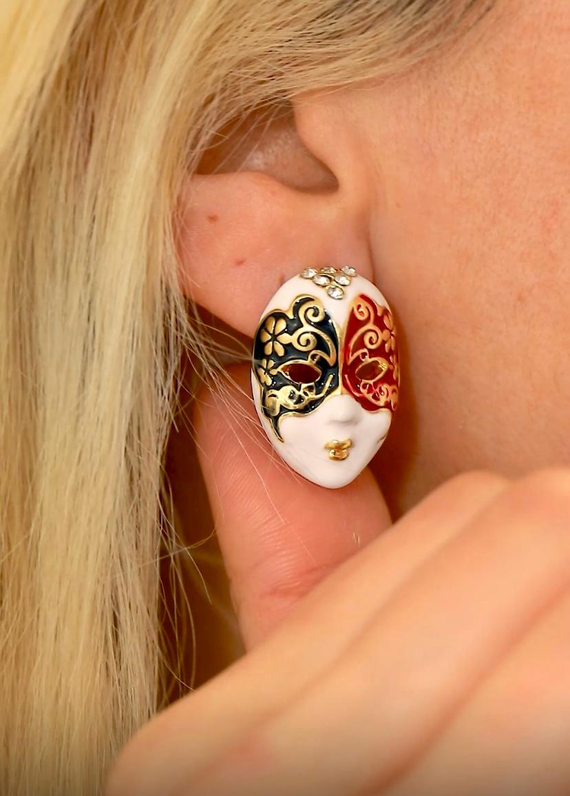 Renkli Mineli Zirkon Taşlı Altın Renk Tiyatro Maskesi Küpe