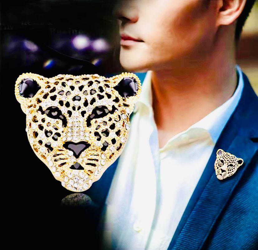 Altın Renk Zirkon Taşlı Siyah Renk Mineli Unisex Tasarım Leopar Broş