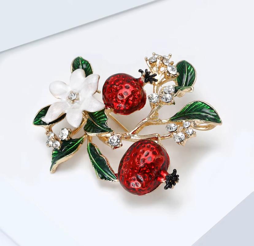 Mineli Altın Renk Yapraklı Nar Broş