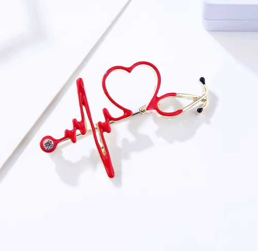 Gold Renk Kırmızı Mineli Steteskop Doktor Hemşire Broş