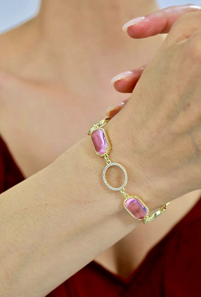 Pembe Taşlı Gold Renk Zirkon Taşlı Bileklik